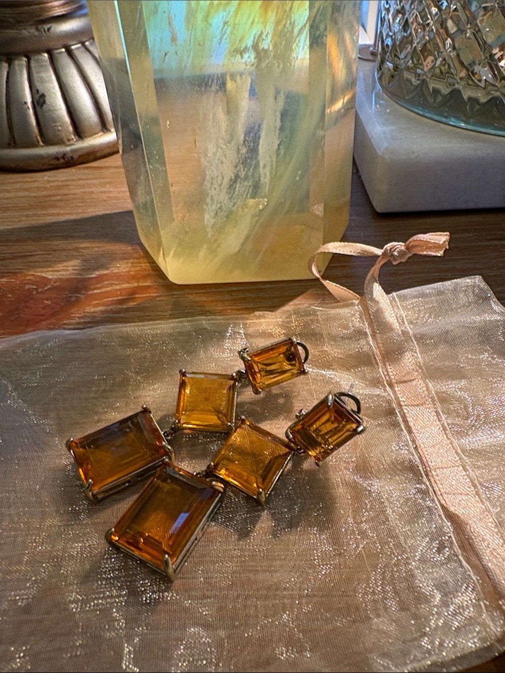 Heidi Daus Amber Topaz Glass Square Pendant Charms -3” - NIB